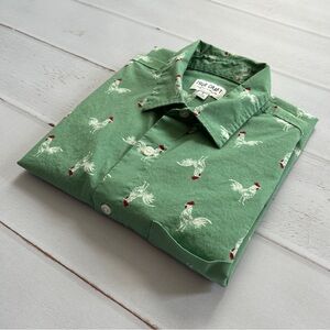 Button Down Short Sleeve Shirt | Men's S | Green Rooster Printed True Craft Top
